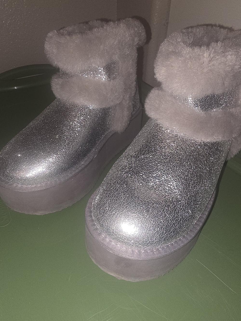 Fashion Nova Metallic Silver Faux-Fur Platform Ankle Boots